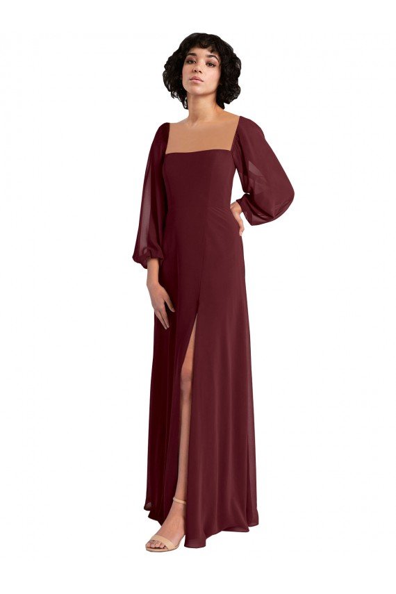 Sheer Long Sleeves Chiffon Bridesmaid Dress with High Slit