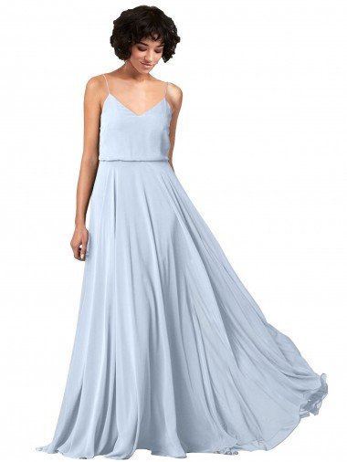 Sydney V-Neck Blouson Waist Long Chiffon Bridesmaid Dress with Straps