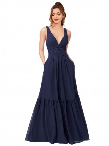 Sydney Floor Length Deep V-Neck Ruched Chiffon Long Bridesmaid Dress