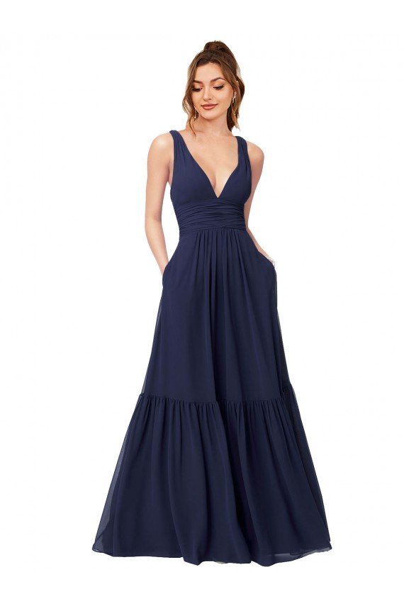 Sydney Floor Length Deep V-Neck Ruched Chiffon Long Bridesmaid Dress