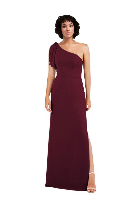 Sydney One Shoulder Chiffon Formal Bridesmaid Dress with Skirt Slit and Accent Strap