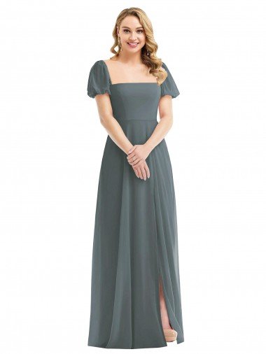 Sydney Puff Sleeves Chiffon Maxi Bridesmaid Dress with Front Slit
