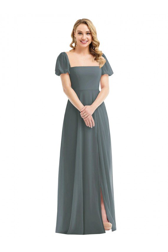 Sydney Puff Sleeves Chiffon Maxi Bridesmaid Dress with Front Slit