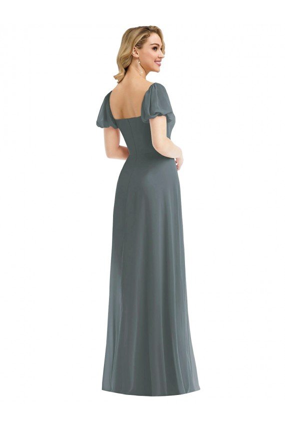 Sydney Puff Sleeves Chiffon Maxi Bridesmaid Dress with Front Slit