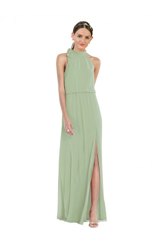 Sydney High Neck Scarf Tie Blouson Bodice Maxi Bridesmaid Dress with Front Slit