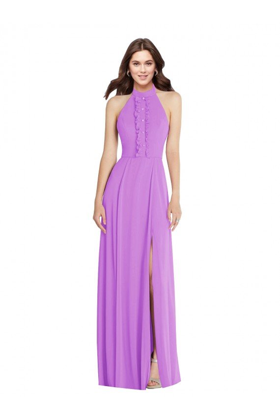 Sydney Halter Backless Maxi Formal Bridesmaid Dress with Button Ruffle Placket