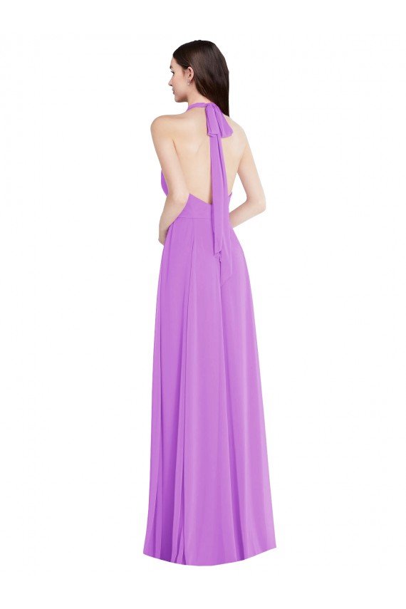 Sydney Halter Backless Maxi Formal Bridesmaid Dress with Button Ruffle Placket