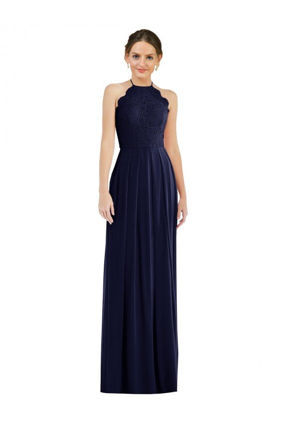 Sydney Tie Neck Lace Halter Pleated Skirt Maxi Bridesmaid Dress