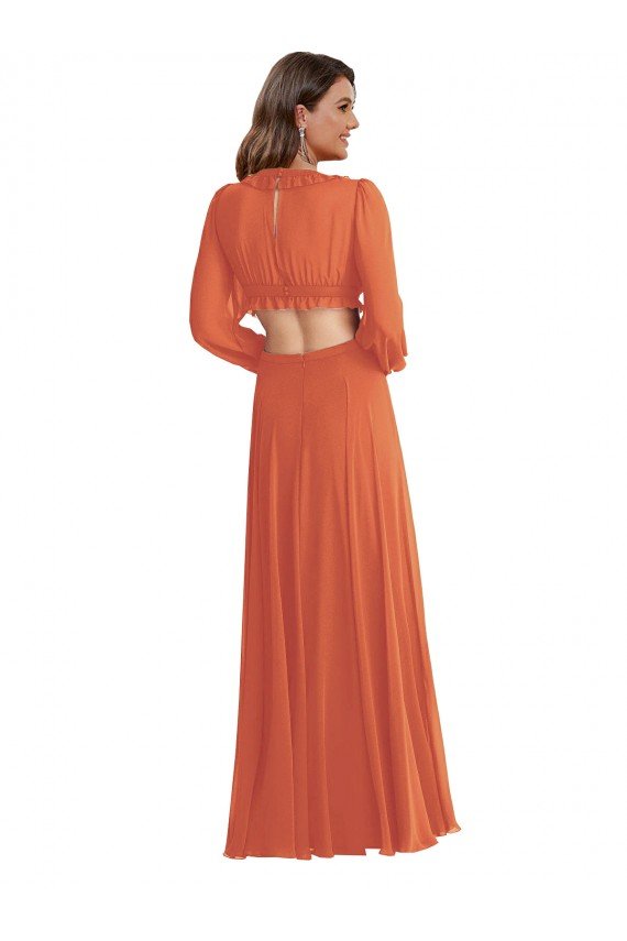 Sydney High Low Ruffled Long Chiffon Cutout Bishop Sleeves Maxi Bridesmaid Dress