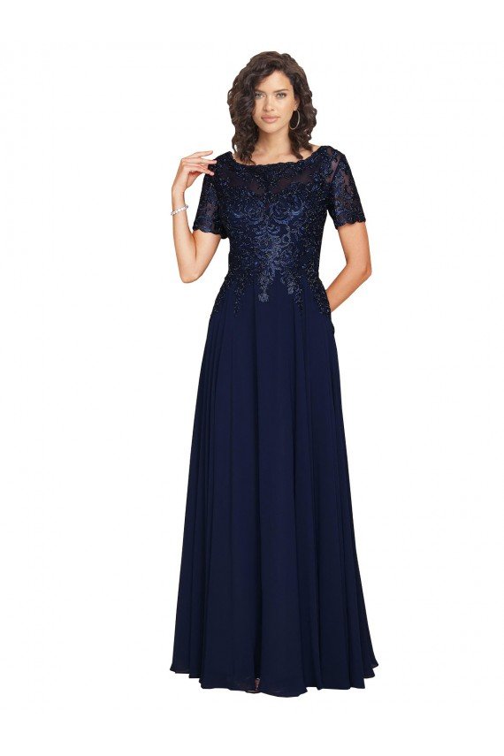 Sydney Short Sleeves A-Line Long Chiffon Bridesmaid Dress / Prom Dress with Beaded Bodice