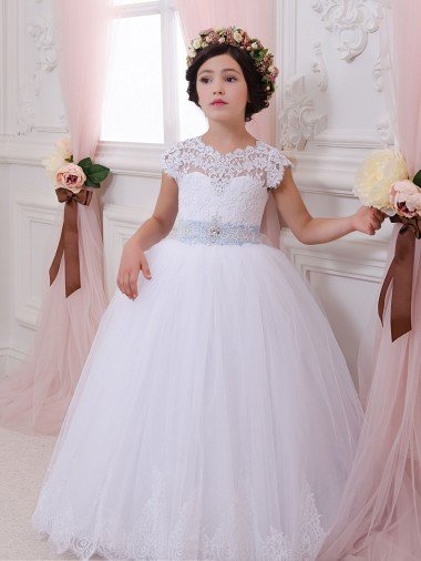 Sydney Ivory Ball Gown Sweetheart Chapel Train Cap Sleeve Flower Girl Dress