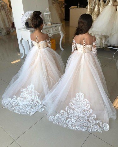 Sydney Ivory Ball Gown Sweetheart Chapel Train Long Sleeve Flower Girl Dress