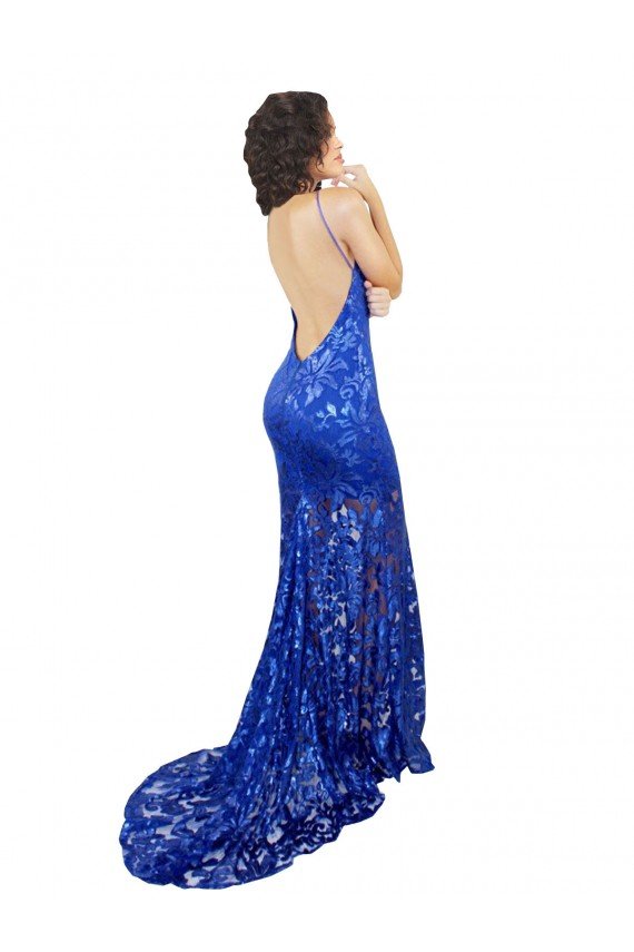 Sydney High Neck Long Open Back Lace Bridesmaid Dress / Prom Dress with Train