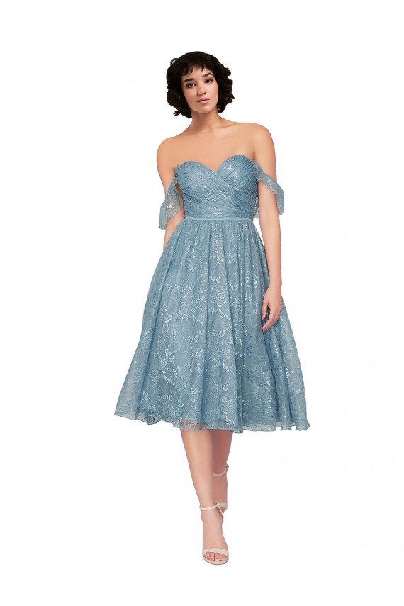 Off the Shoulder Sweetheart Chantilly Lace Midi Length Cocktail Bridesmaid Dress