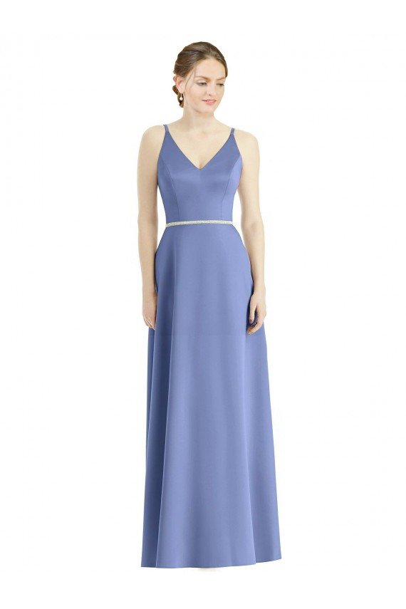 Long Floor Length V-Neck Satin Bridesmaid Dress with Spaghetti Straps