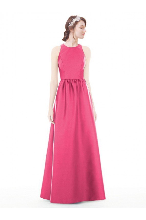 Sydney Jewel Neck Keyhole Back Sleek Long Satin Bridesmaid Dress