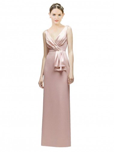 Sydney Sleeveless V-Neck Long Satin Bridesmaid Dress with Draped Bodice and Tiered Bow