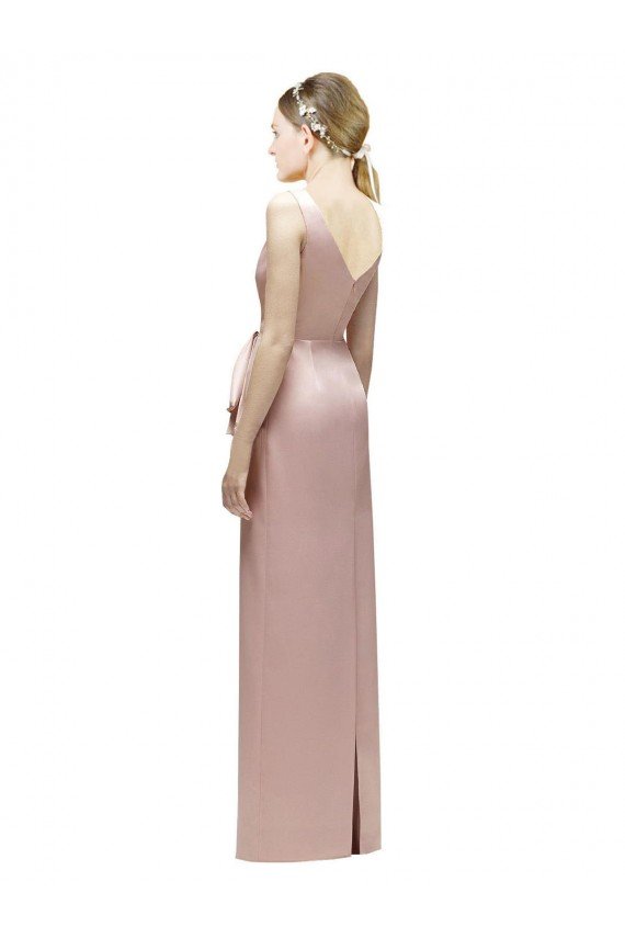 Sydney Sleeveless V-Neck Long Satin Bridesmaid Dress with Draped Bodice and Tiered Bow