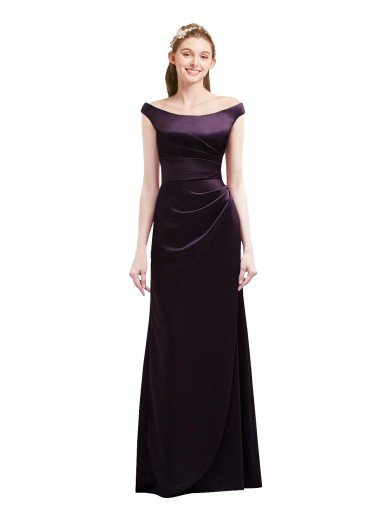 Shop Off The Shoulder Long Satin Bridesmaid Dress with Asymmetrical Pleated Bodice Sydney