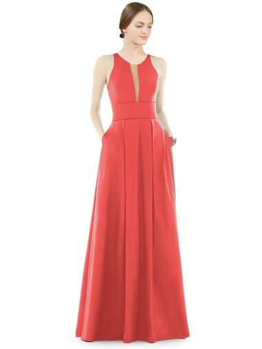 Sydney Sheer V-Neck Tulle Illusion Long Satin Bridesmaid Dress