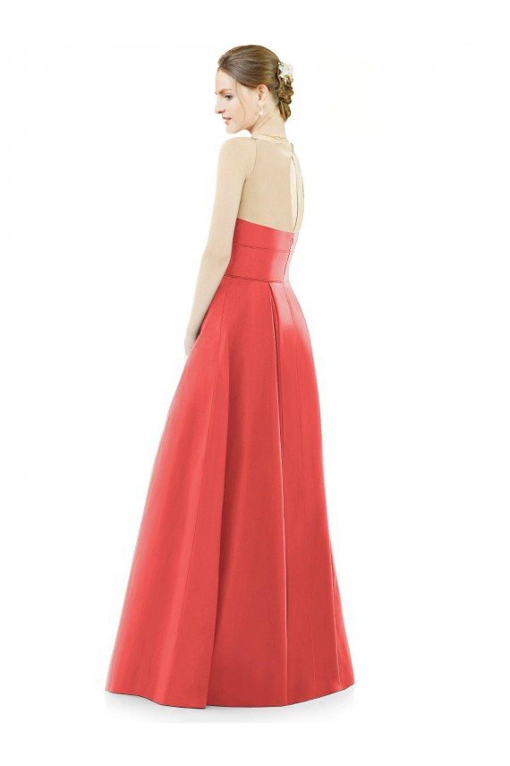 Sheer V-Neck Tulle Illusion Long Satin Bridesmaid Dress