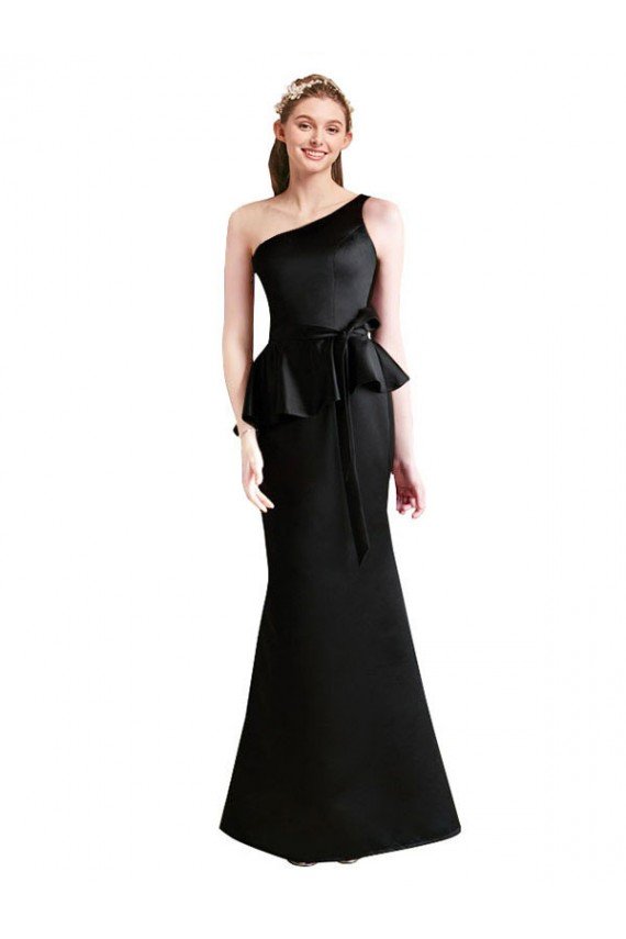Long One Shoulder Satin Bridesmaid Dress with Bow Ties