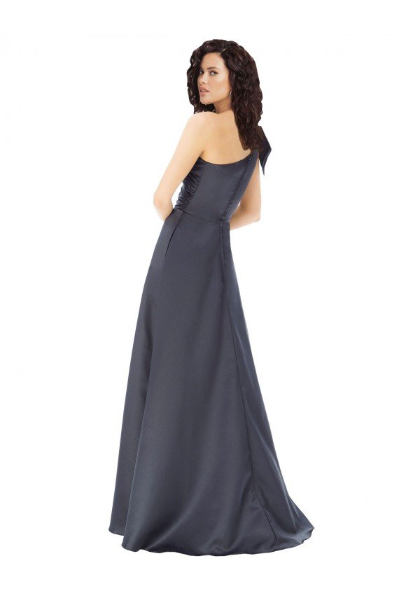 Rouched One Shoulder Floor Length Formal Satin Bridesmaid Dress / Prom Dress with Bow