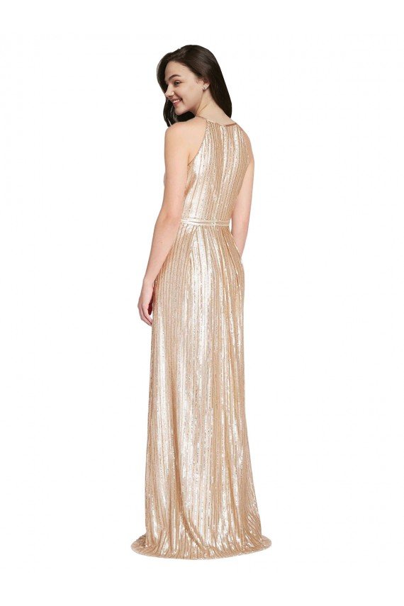 Sydney Floor Length Halter Neck Sparkling Formal Sequin Bridesmaid Dress / Prom Dress with Pleats