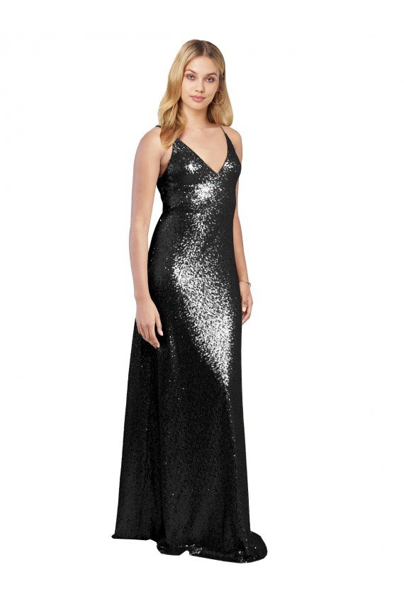 Sydney Full Length A-Line Formal Sequin Bridesmaid Dress / Prom Dress with Spaghetti Straps V-Neckline
