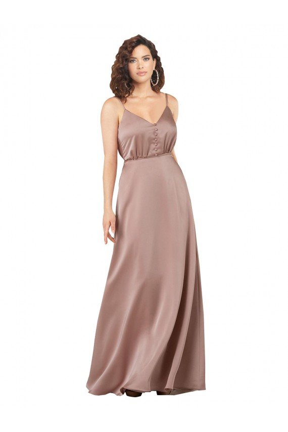 Sydney Subtle V-Neckline Formal Silky Satin Bridesmaid Dress with Front Button Detail