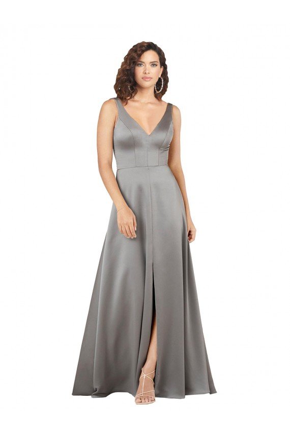Sydney Plunging V-Neckline Long A-Line Formal Silky Satin Bridesmaid Dress / Prom Dress