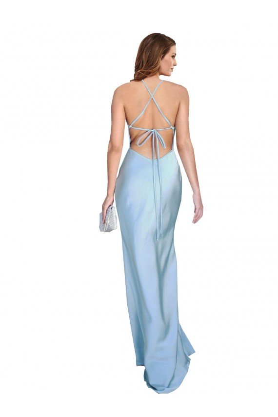 Sydney Open Back with Ties Cowl Neck Sheath Formal Silky Satin Long Bridessmaid Dress