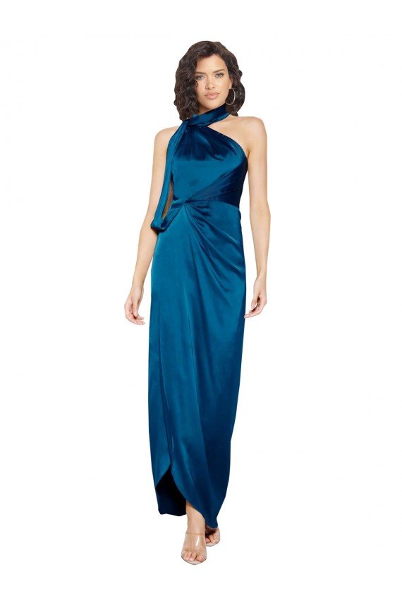 Sydney High Halter Neck Formal Silky Satin Bridesmaid Dress / Prom Dress with Sash Overlay and Side Split