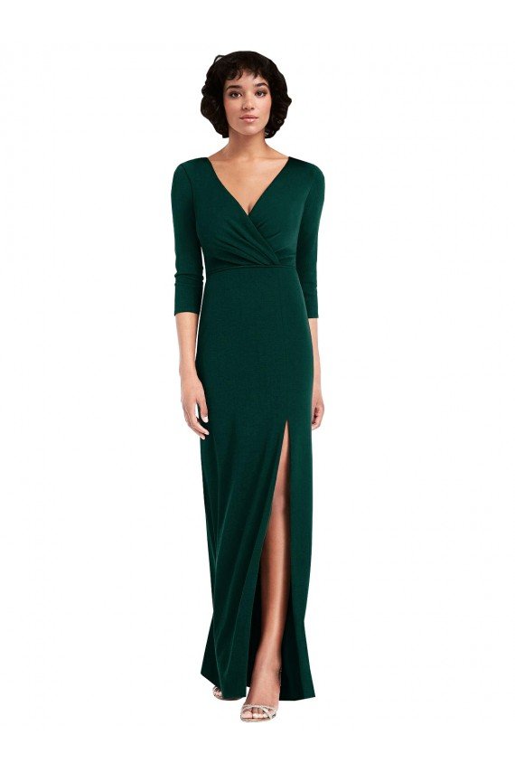 Sydney Floor Length 3/4 Sleeves V-Back Draped Wrap Formal Maxi Spandex Bridesmaid Dress / Prom Dress