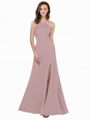 Sydney High Neck Crepe Bridesmaid Dress / Prom Dress with Pleats and Keyhole Back
