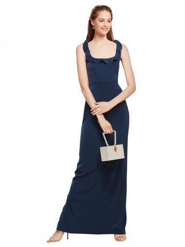 Sydney Scoop Neck with Ruffles Long Formal Crepe Bridesmaid Dress / Prom Dress with Back Slit
