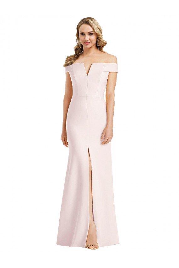 Sydney Off the Shoulder Notch Trumpet Formal Crepe Bridesmaid Dress / Prom Dress with Front Slit