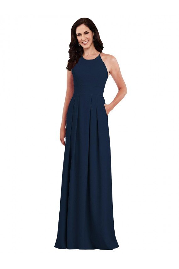Sydney Criss Cross Back Crepe Halter Bridesmaid Dress with Pockets
