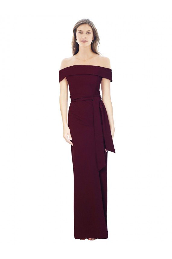 Sydney Off the Shoulder Long Formal Crepe Bridesmaid Dress / Prom Dress with Waist Tie