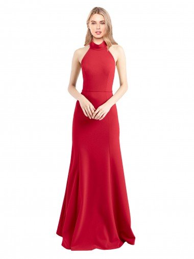 Sydney Sleek Fit and Flare High Neck Halter Stretch Formal Crepe Bridesmaid Dress / Prom Dress with Open Back