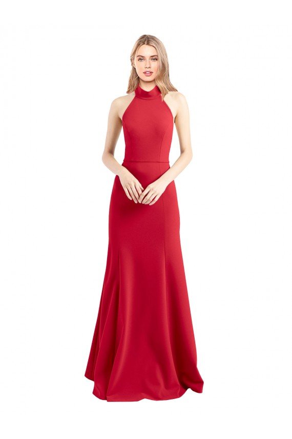 Sydney Sleek Fit and Flare High Neck Halter Stretch Formal Crepe Bridesmaid Dress / Prom Dress with Open Back