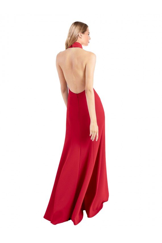 Sydney Sleek Fit and Flare High Neck Halter Stretch Formal Crepe Bridesmaid Dress / Prom Dress with Open Back