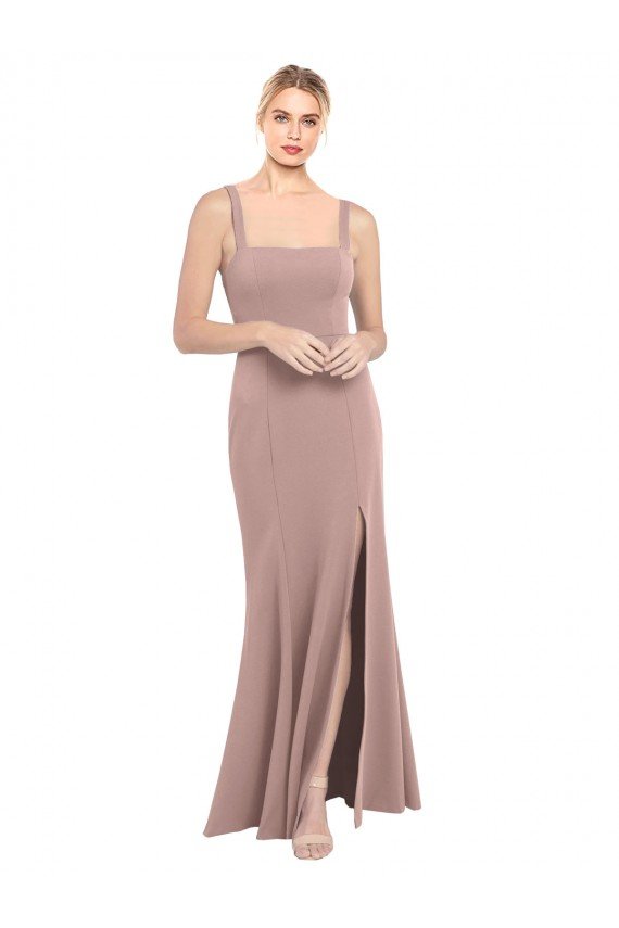 Sydney Square Neck Fit and Flare Long Stretch Crepe Bridesmaid Dress / Prom Dress with Side Slit