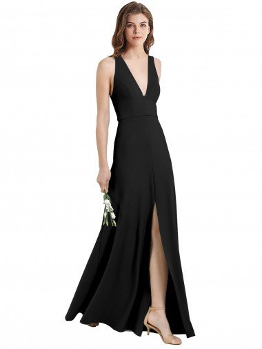 Sydney Sleek Halter V-Neck Long A-Line Stretch Formal Crepe Bridesmaid Dress / Prom Dress with Front Slit