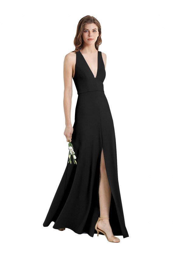 Sydney Sleek Halter V-Neck Long A-Line Stretch Formal Crepe Bridesmaid Dress / Prom Dress with Front Slit