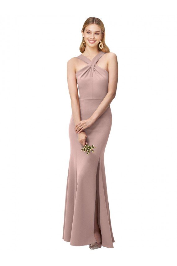 Sydney Long Floor Length High Neck Fit and Flare Stretch Crepe Bridesmaid Dress / Prom Dress with Side Slit