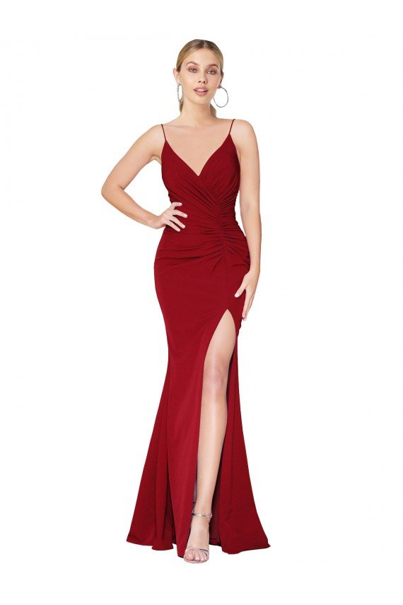 Spaghetti Straps V-Neck Long Formal Crepe Dress with High Slit