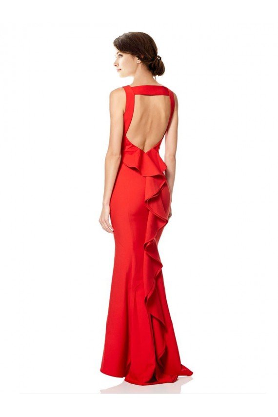 Sydney High Neck Maxi Formal Crepe Bridesmiad Dress with Exaggerated Back Ruffle