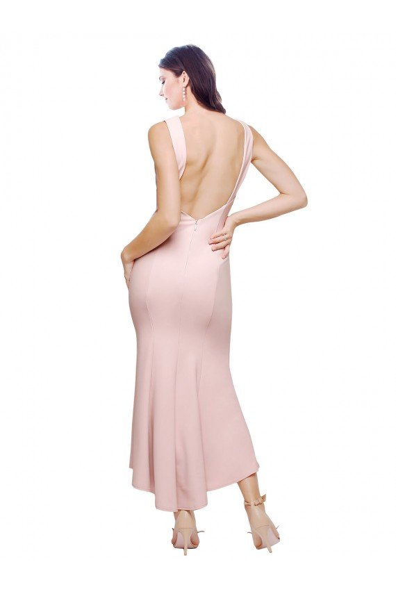 Sydney High Neck Low V-Back Cocktail Midi Length Formal Crepe Bridesmaid Dress / Prom Dress