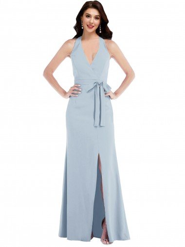 Sydney Open Back Halter Maxi Formal Crepe Bridesmaid Dress / Prom Dress with Draped Bow
